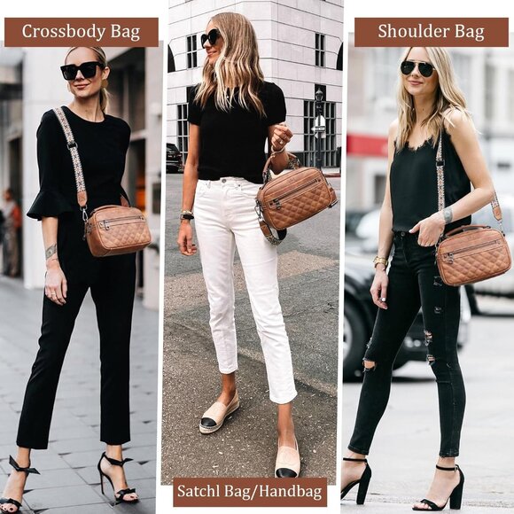 Women Vegan Leather Crossbody Bag Small Shoulder Purse with Wide Strap Two-tone - Picture 2 of 7